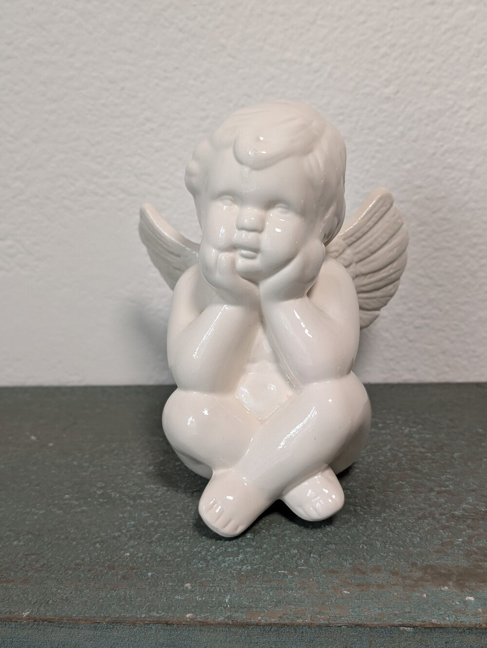 Thinking Cherub Angel Figurine Ceramic White Glossy Seated Shelf Garden Decor